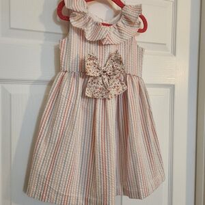 Bonnie Jean Pink and Cream Striped Ruffle Dress with Floral Bow